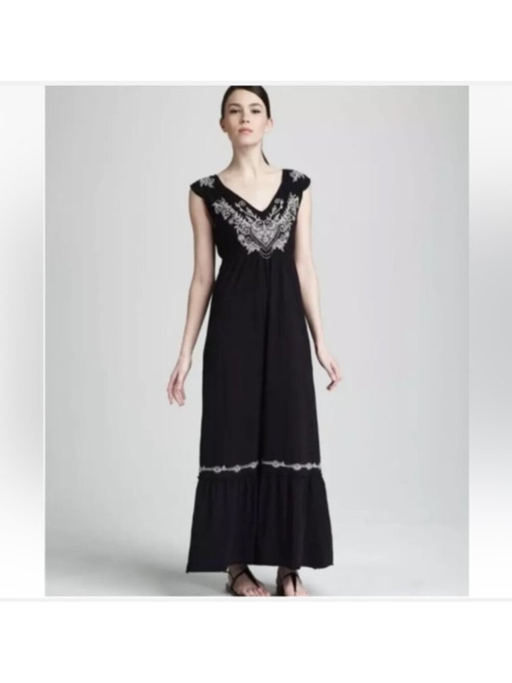 NWT Johnny Was Embroidered Tiered Maxi Dress Sz (XL) Black Boho Goth Resortwear
